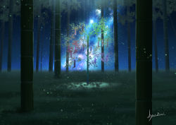 Rule 34 | absurdres, artist name, bamboo, bamboo broom, broom, forest, h yuusui, highres, leaf, light, light rays, moon, nature, night, night sky, no humans, original, outdoors, scenery, signature, sky, sparkle, star (sky), starry sky