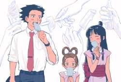 Rule 34 | 1boy, 2girls, ace attorney, black hair, blue pants, blunt bangs, blush, closed eyes, collared shirt, commentary request, eating, facing another, food, hair ornament, half updo, hand up, highres, holding, holding food, holding popsicle, hot, ice cream, ice cream cone, japanese clothes, jewelry, kimono, long hair, looking at another, maya fey, melting, multiple girls, necklace, obi, pants, parted bangs, pearl fey, phoenix wright, pink kimono, pink sash, popsicle, renshu usodayo, sash, shirt, short hair, short kimono, short sleeves, sidelocks, sleeves rolled up, smile, spiked hair, sweatdrop, white background, white shirt