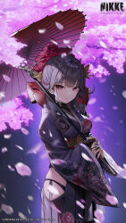 Rule 34 | 1girl, artist request, black hair, bridal gauntlets, cherry blossoms, cowboy shot, dramz, goddess of victory: nikke, hair ornament, highres, japanese clothes, kimono, looking at viewer, official art, panties, pantyshot, petals, red eyes, red umbrella, sakura (nikke), side-tie panties, side slit, umbrella, underwear