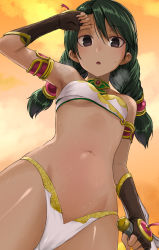 Rule 34 | 1girl, :o, arabian clothes, arm up, armlet, armpits, bandeau, black eyes, black gloves, breasts, breath, cowboy shot, crop top, fingerless gloves, flat chest, gloves, green hair, hair ornament, hot, long hair, looking at viewer, navel, panties, parted lips, revealing clothes, small breasts, solo, soul calibur, soulcalibur, soulcalibur iv, standing, stomach, sweat, talim, tea (nakenashi), thighs, underwear, white panties