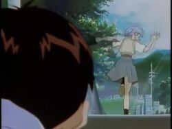 Rule 34 | 1boy, 2girls, accidental pervert, anger vein, animated, anime screenshot, annoyed, audible speech, ayanami rei, blue hair, bread slice, brown hair, embarrassed, english audio, food, food in mouth, headbutt, ikari shinji, jealous, long hair, looking back, lowres, mouth hold, multiple girls, neon genesis evangelion, orange hair, red eyes, running, school uniform, screencap, shaded face, short hair, skirt, sound, souryuu asuka langley, surprised, toast, toast in mouth, twintails, upskirt, video