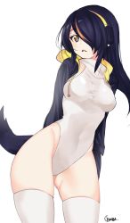 Rule 34 | 10s, 1girl, arms at sides, artist name, bad id, bad pixiv id, black gloves, black hair, black jacket, breasts, brown eyes, chungu, contrapposto, covered navel, cowboy shot, dated, drawstring, dress, emperor penguin (kemono friends), gloves, groin, hair over one eye, headphones, highleg, highleg leotard, highres, hood, hood down, hoodie, jacket, kemono friends, legs apart, leotard, long hair, looking at viewer, medium breasts, multicolored hair, open clothes, open hoodie, open jacket, open mouth, parted lips, ribbed dress, ribbed leotard, signature, skin tight, skindentation, solo, standing, streaked hair, teeth, thighhighs, turtleneck, two-tone hair, white leotard, white thighhighs