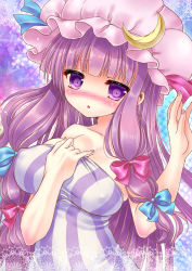 Rule 34 | 1girl, bare arms, bare shoulders, blush, breasts, cleavage, collarbone, covered erect nipples, crescent, dress, female focus, hair ribbon, hat, large breasts, long hair, looking at viewer, motatei, multicolored clothes, multicolored dress, open mouth, patchouli knowledge, purple dress, purple eyes, purple hair, ribbon, sleeveless, sleeveless dress, solo, striped clothes, striped dress, touhou, tress ribbon, very long hair, white dress