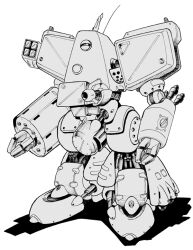 Rule 34 | battletech, cannon, claws, full body, greyscale, jiang (takuminowebmail), mecha, monochrome, no humans, robot, science fiction, simple background, standing, walker (robot)