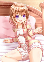 Rule 34 | 1girl, :d, arm support, bed, blush, collarbone, commentary request, gochuumon wa usagi desu ka?, hair between eyes, highres, hoto cocoa, indoors, jacket, jumpsuit, light brown hair, long hair, long sleeves, open clothes, open jacket, open mouth, pillow, purple eyes, short jumpsuit, smile, solo, striped clothes, striped jacket, v-shaped eyebrows, white jumpsuit, xenon (for achieve)