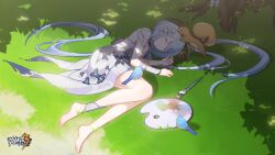 Rule 34 | 1girl, animal, barefoot, beret, bird, bird on leg, black hat, blue bird, chinese commentary, closed eyes, closed mouth, day, dress, fetal position, grass, griseo, griseo (starry impression), hat, highres, honkai (series), honkai impact 3rd, logo, long hair, lying, official art, official wallpaper, on grass, open hand, outdoors, paintbrush, sleeping, solo, squirrel, tree, white dress