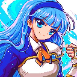 Rule 34 | 1girl, armor, artist name, blue background, blue eyes, blue hair, blue hairband, blue shirt, blue theme, clenched hand, closed mouth, commentary, hairband, head tilt, hiroita, long hair, looking at viewer, lowres, magic knight rayearth, pixel art, ryuuzaki umi, shirt, smile, solo, split mouth, upper body