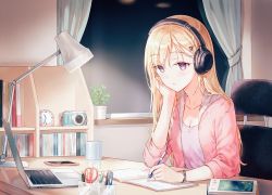 Rule 34 | 1girl, ayase saki, blonde hair, bracelet, breasts, camera, chair, cleavage, clock, collarbone, computer, cup, curtains, gimai seikatsu, head rest, headphones, hiten (hitenkei), indoors, jacket, jewelry, laptop, long hair, official art, phone, purple eyes, shirt, sitting, small breasts, solo, studying, window, writing