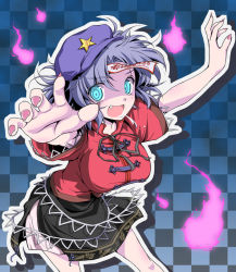 Rule 34 | 1girl, aqua eyes, armpit peek, breasts, checkered background, fang, female focus, gradient background, hat, hogeeeee, jiangshi, medium breasts, miyako yoshika, ofuda, open mouth, outstretched arms, pale skin, short hair, solo, star (symbol), touhou, zombie pose