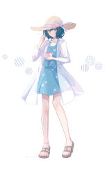 Rule 34 | absurdres, blue dress, blue hair, delicious party precure, dress, food, frills, full body, fuwa kokone, green eyes, hat, hat ribbon, highres, jacket, long sleeves, looking back, precure, ra lunch, ribbon, sandals, see-through, see-through jacket, shaved ice, short hair, spoon, spoon straw, sun hat, white background, white jacket
