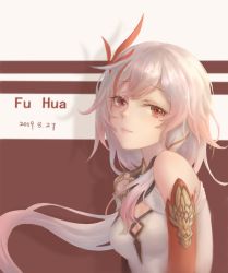 Rule 34 | 1girl, absurdres, asymmetrical gloves, black gloves, breasts, china dress, chinese clothes, cleavage, closed mouth, dress, fu hua, fu hua (phoenix), gloves, hair between eyes, hair ornament, highres, honkai (series), honkai impact 3rd, long hair, looking at viewer, mismatched gloves, multicolored hair, red background, red eyes, red gloves, sleeveless, small breasts, smile, solo, streaked hair, two-tone background, white background, white dress, white hair, yelan xing xuan
