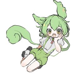 Rule 34 | 1girl, fang, green hair, green shorts, green suspenders, grey shirt, hair between eyes, hand on own face, highres, inkopico, kneeling, looking at viewer, open mouth, ponytail, puffy short sleeves, puffy shorts, puffy sleeves, shirt, short sleeves, shorts, skin fang, socks, solo, suspenders, suspenders slip, voicevox, yellow eyes, zundamon