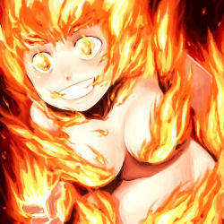 Rule 34 | 1girl, bad id, bad pixiv id, breasts, crazy eyes, fiery hair, fire, flaming eyes, grin, large breasts, lowres, monster girl, noise (tsuzuki), nude, open mouth, original, smile, solo, teeth