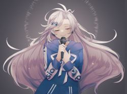 Rule 34 | 1girl, 3pm, ^ ^, black background, blue choker, blue hoodie, choker, closed eyes, commentary, controller hair ornament, english commentary, highres, holding, holding microphone, hood, hoodie, long hair, microphone, obake pam, playasia, silver hair, solo, upper body, very long hair, virtual youtuber