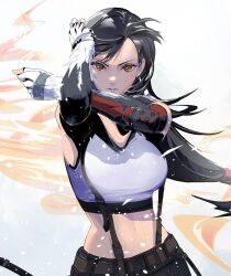 Rule 34 | 1girl, arm guards, belt, black gloves, black hair, black skirt, black sports bra, breasts, clenched hands, closed mouth, cofffee, crop top, earrings, elbow gloves, feathers, fighting stance, final fantasy, final fantasy vii, final fantasy vii remake, fingerless gloves, floating hair, gloves, hands up, jewelry, large breasts, long hair, looking at viewer, low-tied long hair, midriff, navel, red eyes, single earring, skirt, solo, sports bra, suspender skirt, suspenders, swept bangs, tank top, teardrop earring, tifa lockhart, undershirt, upper body, white feathers, white tank top