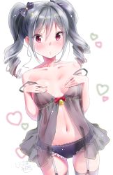 Rule 34 | 10s, 1girl, absurdres, babydoll, bad id, bad pixiv id, blush, breasts, covering privates, covering breasts, cowboy shot, drill hair, garter straps, highres, idolmaster, idolmaster cinderella girls, kanzaki ranko, kinako (shiratama mochi), long hair, looking at viewer, navel, panties, red eyes, silver hair, simple background, small breasts, solo, strap slip, thighhighs, twin drills, twintails, underwear, usako (ppp usagi ), white background