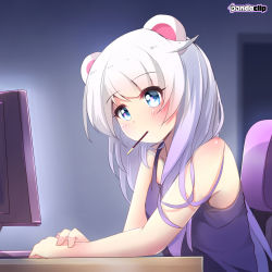 Rule 34 | 1girl, absurdres, animal ears, bare arms, bare shoulders, blue eyes, blue shirt, blush, chair, desk, elbows on table, food, from side, head tilt, highres, ikazu401, indoors, long hair, looking at viewer, monitor, mouth hold, original, panda ears, pocky, screen light, shirt, sitting, solo, spaghetti strap, upper body