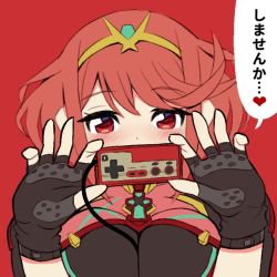 Rule 34 | 1girl, breasts, cable, chest jewel, controller, fingerless gloves, gloves, large breasts, ma2acworks, nintendo, pyra (xenoblade), red background, red eyes, red hair, short hair, simple background, solo, swept bangs, xenoblade chronicles (series), xenoblade chronicles 2