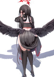 Rule 34 | 1girl, absurdres, ass, bent over, black footwear, black gloves, black hair, black serafuku, black shirt, black skirt, black thighhighs, black wings, blue archive, breasts, closed mouth, commentary request, crop top, feathered wings, from behind, gloves, half gloves, halo, hasumi (blue archive), high heels, highres, large breasts, long hair, long sleeves, looking at viewer, looking back, low wings, midriff, pizzasi, pleated skirt, red eyes, sailor collar, school uniform, serafuku, shadow, shirt, shoes, skirt, solo, standing, thighhighs, very long hair, white background, white sailor collar, wings