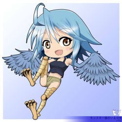 Rule 34 | 10s, 1girl, :d, ahoge, blue hair, blue wings, breasts, brown eyes, character name, chibi, copyright name, feathered wings, full body, gradient background, harpy, monster girl, monster musume no iru nichijou, navel, open mouth, papi (monster musume), rikuto kemo, scales, short shorts, shorts, smile, solo, talons, winged arms, wings