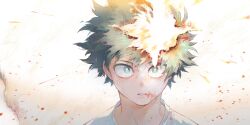 Rule 34 | 1boy, absurdres, aqua eyes, blood, blood on face, blue shirt, blurry, blurry foreground, boku no hero academia, bright pupils, dried blood, film grain, freckles, green eyes, green hair, highres, looking at viewer, male focus, midoriya izuku, multicolored eyes, parted lips, portrait, rika (rika ktdk), serious, shirt, short hair, solo, straight-on, v-shaped eyebrows, white background, white pupils