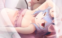 Rule 34 | 1girl, amekosame, arm up, bad id, bad twitter id, bandeau, bare shoulders, bat wings, blue hair, breasts, chestnut mouth, cleavage, covered erect nipples, hat, lying, mob cap, navel, on back, one eye closed, open mouth, red eyes, remilia scarlet, short hair, sketch, slit pupils, small breasts, solo, strapless, stuffed animal, stuffed toy, teddy bear, touhou, tube top, wallpaper, wings