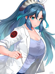 Rule 34 | 10s, 1girl, blue eyes, blue hair, blue shirt, breasts, cleavage, dated, drawing tablet, gradient hair, hair ornament, hair ribbon, happa (cloverppd), japari symbol, kako (kemono friends), kemono friends, lab coat, large breasts, long hair, multicolored hair, ribbon, shirt, sidelocks, signature, sleeves rolled up, solo, stylus, upper body, white ribbon