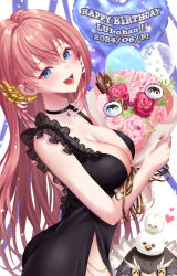 Rule 34 | 1girl, absurdres, backless dress, backless outfit, balloon, black choker, black dress, blue eyes, blush, bouquet, breasts, choker, cleavage, dress, flower, frilled dress, frills, happy birthday, highres, holding, holding bouquet, hololive, large breasts, long hair, looking at viewer, mary is mine, open mouth, pink hair, side slit, sleeveless, sleeveless dress, smile, solo, takane lui, virtual youtuber