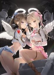 Rule 34 | 2girls, angel wings, anmi, arrow (projectile), bow (weapon), brown hair, chest harness, commentary request, crop top, cupid, expressionless, eyepatch, feathered wings, hair intakes, halo, harness, heart, heart arrow, highres, kneeling, long sleeves, looking at viewer, medical eyepatch, medium hair, multiple girls, necktie, one eye covered, original, pink necktie, shirt, short necktie, sitting, weapon, whispering, white hair, white halo, white shirt, white wings, wings