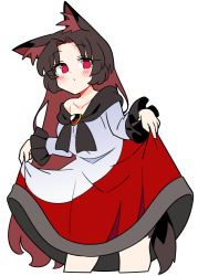 Rule 34 | 1girl, animal ears, blush, brown hair, closed mouth, clothes lift, collarbone, cropped legs, dress, dress lift, highres, imaizumi kagerou, ini (inunabe00), lifted by self, long hair, long sleeves, red dress, red eyes, simple background, solo, tail, touhou, white background, white dress, wolf ears, wolf tail