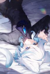 Rule 34 | 1girl, alternate costume, animal ears, ascot, bed sheet, black shirt, black shorts, blue ascot, blue brooch, blue eyes, blue gemstone, blue hair, cat ears, cat tail, commentary, cowboy shot, eyelashes, flat chest, frilled sleeves, frills, from above, furina (genshin impact), gem, genshin impact, hair between eyes, highres, kemonomimi mode, light blue hair, light particles, long sleeves, looking at viewer, lying, mismatched pupils, multicolored hair, on back, parted lips, pomepome1207, rainbow, shirt, short hair, shorts, solo, streaked hair, tail, two-tone hair, upside-down, white hair