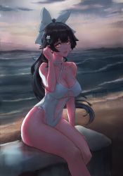 Rule 34 | 1girl, absurdres, azur lane, black hair, blue sky, bow, breasts, brown eyes, casual one-piece swimsuit, clothing cutout, cloud, criss-cross halter, dawn, day, hair bow, hair flaps, halterneck, highres, large breasts, long hair, looking at viewer, navel cutout, ocean, official alternate costume, one-piece swimsuit, outdoors, ponytail, sitting, sky, solo, swimsuit, takao (azur lane), takao (beach rhapsody) (azur lane), waves, white one-piece swimsuit, wiidstep