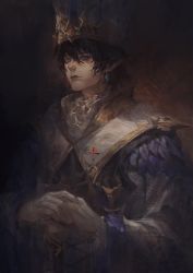 Rule 34 | 1boy, alternate costume, aymeric de borel, black hair, blue eyes, blue feathers, closed mouth, cross, earrings, elezen, elf, feathers, final fantasy, final fantasy xiv, gloves, hat, highres, jewelry, long sleeves, male focus, painterly, pointy ears, single earring, solo, sukly, upper body, white gloves, wide sleeves