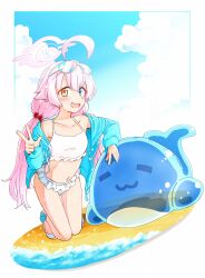 Rule 34 | 1girl, ahoge, beach, bikini, blue archive, blue eyes, blue jacket, blush, cloud, collarbone, day, fang, flat chest, frilled bikini, frills, hair bobbles, hair ornament, halo, hariyaa, heterochromia, highres, hoshino (blue archive), hoshino (swimsuit) (blue archive), inflatable toy, jacket, kneeling, looking at viewer, low twintails, navel, open clothes, open jacket, open mouth, outdoors, sand, sandals, smile, solo, sunglasses, swimsuit, twintails, w, water, white bikini, yellow eyes
