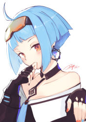 Rule 34 | 1girl, ahoge, bare shoulders, black gloves, blue hair, blue necktie, blush, choker, collarbone, covering own mouth, dated, earrings, eyewear on head, fingerless gloves, girls&#039; frontline, gloves, goggles, goggles on head, hair ornament, hands up, highres, jewelry, looking at viewer, multicolored nails, nail polish, necktie, orange eyes, ranyu, short hair, sidelocks, signature, simple background, solo, upper body, white background, zas m21 (girls&#039; frontline)