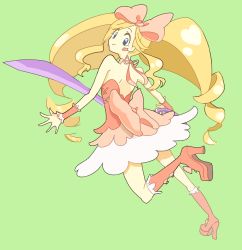 Rule 34 | 10s, 1girl, absurdres, blonde hair, blue eyes, boots, dress, drill hair, harime nui, high heel boots, high heels, highres, kill la kill, long hair, pink dress, simple background, solo, strapless, strapless dress, twin drills, weapon
