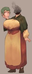 1girl absurdres breasts brown_dress brown_eyes brown_footwear cantankeravian capelet dress dullahan full_body green_capelet green_hair grey_background highres holding_detached_head huge_breasts long_dress looking_to_the_side original shoes short_hair simple_background smoke solo standing two-tone_dress yellow_dress