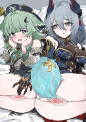 Rule 34 | 2girls, ahoge, animal ears, ass, bed, blue pupils, blush, breasts, censored, covered erect nipples, green eyes, green hair, grey eyes, grey hair, hand on another&#039;s ass, hands on own cheeks, hands on own face, hanya (honkai: star rail), honkai: star rail, honkai (series), huohuo (honkai: star rail), kusugi tai, large breasts, long hair, lying, mosaic censoring, multiple girls, nipples, on bed, on side, open mouth, pillow, pussy, spread pussy, teeth, tongue, upper teeth only