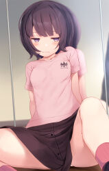 Rule 34 | 1girl, 1other, arms at sides, averting eyes, black hair, black skirt, blunt bangs, blush, breasts, button up skirt, buttons, collarbone, commentary request, d:, feet out of frame, furrowed brow, half-closed eyes, highres, indoors, komone ushio, logo, mirror, on floor, open mouth, original, panties, pantyshot, parted lips, pink shirt, pink socks, purple eyes, reflection, ribbed socks, scowl, shirt, short hair, short sleeves, sitting, skirt, small breasts, socks, sweatdrop, taut clothes, taut shirt, teeth, thighs, underwear, white panties