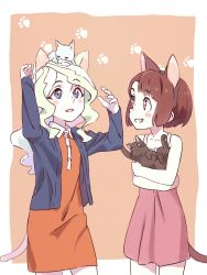 Rule 34 | 10s, 2girls, aged down, animal ears, blue eyes, brown hair, cat, cat ears, cat tail, child, diana cavendish, fake animal ears, green hair, highres, kagari atsuko, little witch academia, long hair, multicolored hair, multiple girls, open mouth, red eyes, short hair, simple background, smile, tail, tama (tama-s)