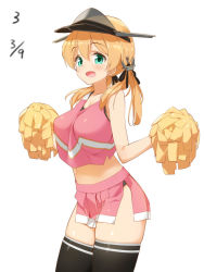 Rule 34 | 10s, 1girl, alternate costume, anchor hair ornament, black thighhighs, blonde hair, blush, breasts, cheerleader, duplicate, female focus, hair ornament, hat, kaisen chuui, kantai collection, large breasts, long hair, looking at viewer, midriff, open mouth, pom pom (cheerleading), prinz eugen (kancolle), simple background, skirt, smile, solo, thighhighs, twintails, visor cap, white background, zettai ryouiki
