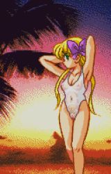 Rule 34 | 1girl, arms behind head, arms up, beach, blonde hair, blush, bow, breasts, cleavage, collarbone, green eyes, hair bow, konami, long hair, looking at viewer, low twintails, madoka (twinbee), navel, nipples, one-piece swimsuit, palm tree, pixel art, pubic hair, pussy, saiwai hiroshi, sand, see-through, sky, small breasts, standing, sunset, swimsuit, tree, twinbee, twintails, white one-piece swimsuit
