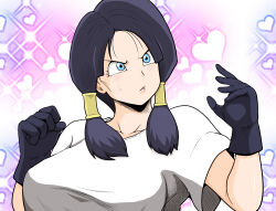 Rule 34 | 1girl, black hair, blue eyes, breasts, collarbone, dragon ball, dragonball z, gloves, heart, heart background, highres, large breasts, lips, long hair, open mouth, shirt, solo, sweatdrop, toshiomaru, twintails, videl, white shirt