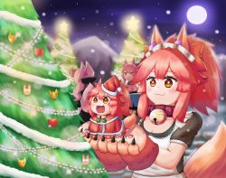 Rule 34 | 5girls, animal ear fluff, animal ears, animal hands, bell, black bodysuit, blue bow, blue kimono, bodysuit, bow, breasts, candy, candy cane, cat paws, christmas, christmas ornaments, christmas tree, collar, fate/grand order, fate (series), food, fox ears, fox girl, fox tail, full moon, gift, gloves, hair ribbon, hat, highres, japanese clothes, jingle bell, keita naruzawa, kimono, koyanskaya (fate), merry christmas, mini person, minigirl, moon, mountain, multiple girls, multiple persona, neck bell, open mouth, paw gloves, paw shoes, pink bow, pink hair, pink ribbon, rabbit, red ribbon, ribbon, santa costume, santa hat, side ponytail, snow, snowing, tail, tamamo (fate), tamamo cat (fate), tamamo cat (second ascension) (fate), tamamo no mae (fate/extra), yellow eyes