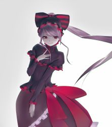 Rule 34 | 1girl, bow, closed mouth, commentary request, dress, fang, frilled dress, frills, gothic lolita, lolita fashion, long hair, looking at viewer, mi8pq, overlord (maruyama), ponytail, red eyes, shalltear bloodfallen, simple background, smile, solo, vampire, very long hair, white background