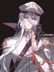 Rule 34 | 1boy, aiguillette, belt, belt buckle, black background, black belt, buckle, buttons, cael anselm, cape, collared cape, collared jacket, epaulettes, gold trim, hair between eyes, hat, highres, jacket, long bangs, long hair, long sleeves, looking at viewer, lovebrush chronicles, male focus, military hat, military uniform, parted lips, peaked cap, purple eyes, shiling, shoulder belt, side cape, simple background, solo, tassel, uniform, upper body, weibo logo, weibo watermark, white cape, white hair, white hat, white jacket