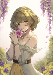 Rule 34 | 1girl, bare shoulders, blonde hair, bracelet, breasts, cleavage, closed mouth, collarbone, commentary, commentary request, dress, flower, frilled sleeves, frills, green eyes, highres, idolmaster, idolmaster cinderella girls, jewelry, jojobirdz, looking at viewer, medium breasts, medium hair, mole, off-shoulder dress, off shoulder, own hands together, petals, plant, purple flower, shadow, short sleeves, smile, solo, takagaki kaede, upper body