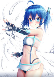 Rule 34 | 1girl, :q, ahoge, bare shoulders, black gloves, blue eyes, blue hair, blush, breasts, closed mouth, commentary request, elbow gloves, eris (prophosphere), fingerless gloves, gloves, gradient background, grey background, hair between eyes, headgear, highres, hydrokinesis, navel, original, outstretched arm, prophosphere, skirt, small breasts, smile, solo, tongue, tongue out, twintails, v-shaped eyebrows, water, white background, white skirt