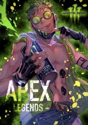 Rule 34 | 1boy, abs, absurdres, apex legends, arm tattoo, bad id, bad pixiv id, bare pectorals, belt, black gloves, brown belt, can, copyright name, denim, fingerless gloves, gloves, green hair, green hoodie, highres, holding, holding can, hood, hoodie, jeans, kawaniwa, logo, male focus, mask pull, monster energy, navel, octane (apex legends), pants, pectorals, sleeveless, sleeveless hoodie, solo, sunglasses, tattoo, tongue, tongue out, undercut