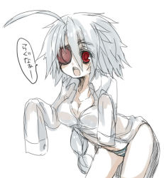 Rule 34 | 1girl, arc system works, blazblue, braid, breasts, dress shirt, eyepatch, female focus, long hair, no pants, nu-13, open mouth, pale skin, panties, red eyes, shirt, silver hair, single braid, solo, striped clothes, striped panties, translation request, underwear, uzukinoko, white background